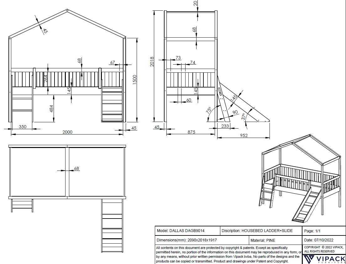 Huisbed Dallas met glijbaan 90x200 - Wit