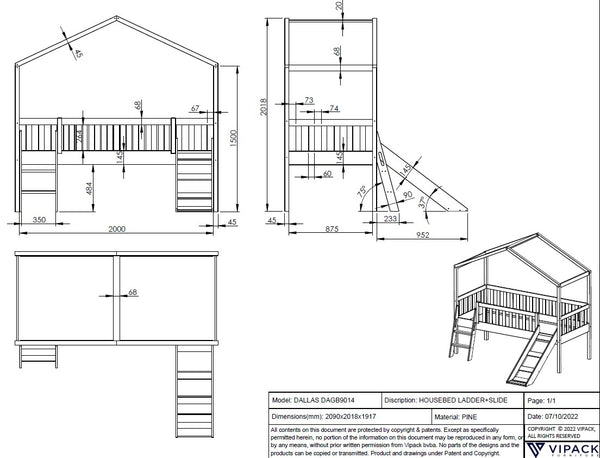 Huisbed Dallas met glijbaan 90x200 - Wit