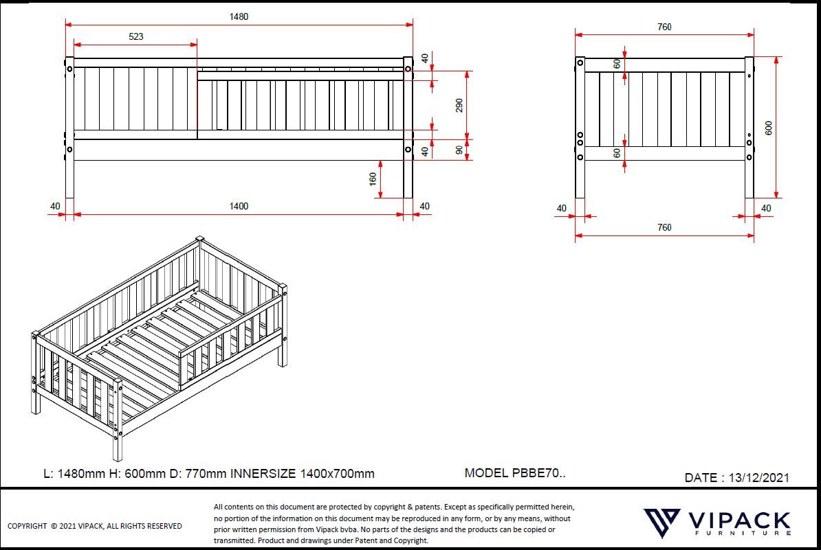 Toddler bed 70x140 with or without matching bed drawer - white