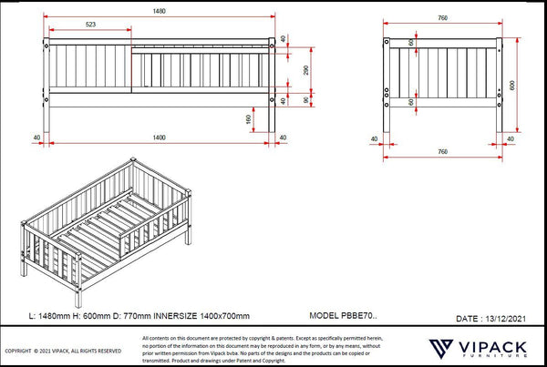 Toddler bed 70x140 with or without matching bed drawer - white