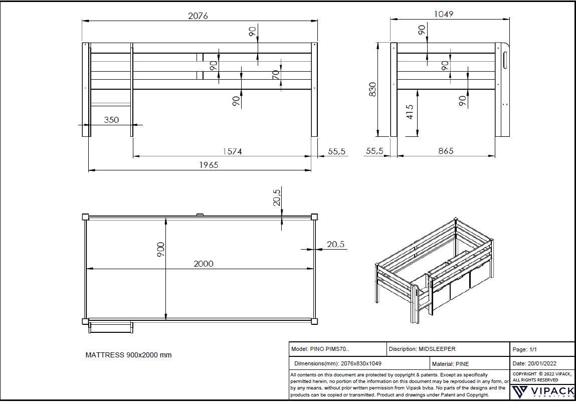 Pino halfhoogslaper inclusief 3 opbergladen 90x200 cm