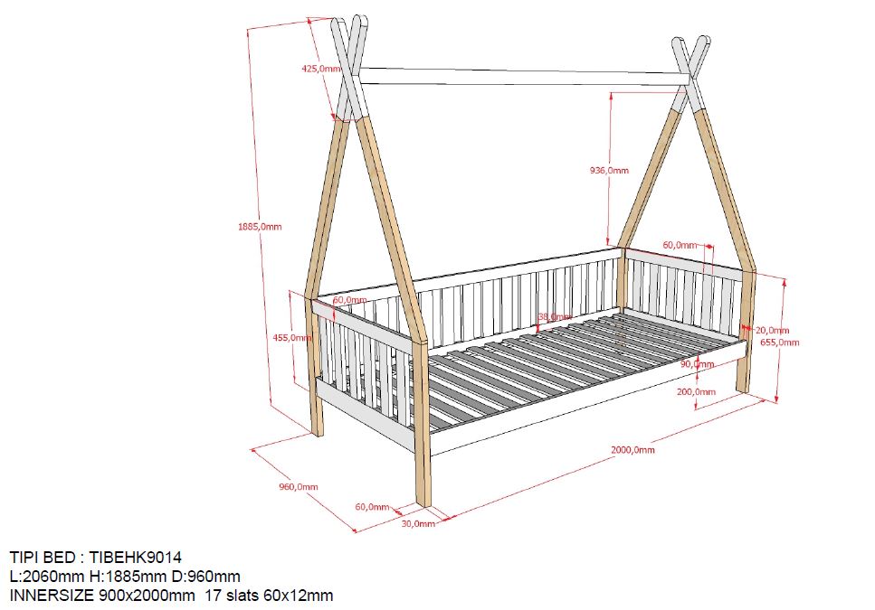 Tipi bed with fence with or without matching drawer 90x200