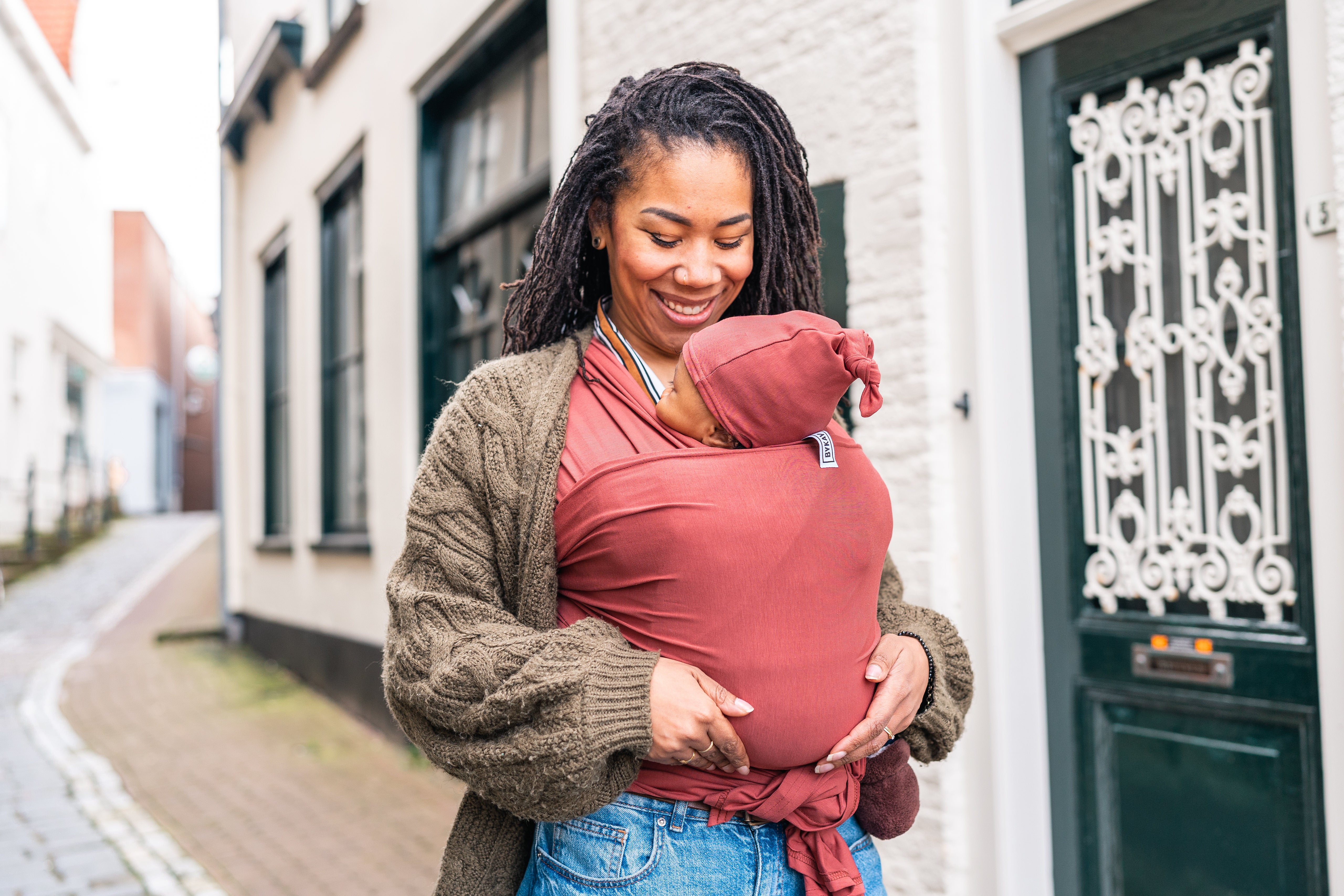 Stretchy Wrap Deluxe + hat - Coral - 100% organic katoen