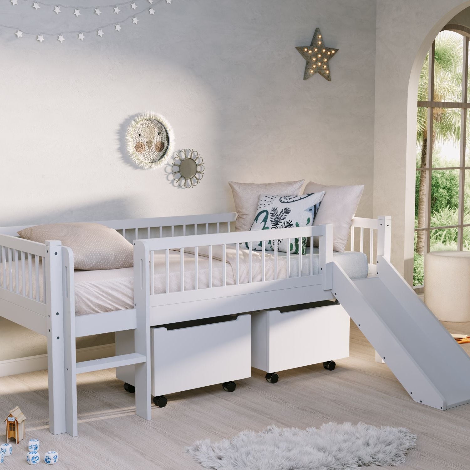 Forrest Halfhoogslaper incl opbergbakken en glijbaan - Beuken Wit