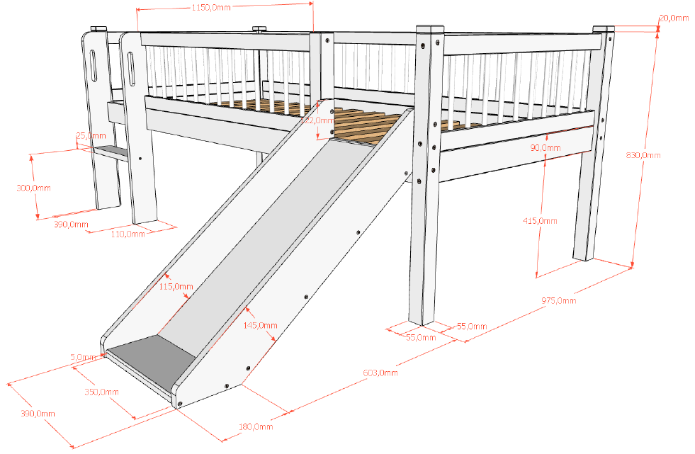 Forrest Halfhoogslaper incl opbergbakken en glijbaan - Eiken