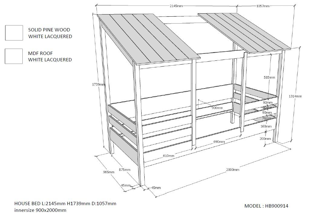 House bed with 2 roof panels 90x200 cm