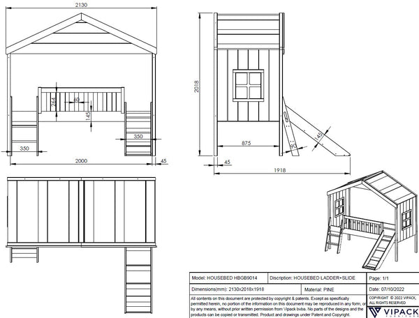 House bed with roof and slide