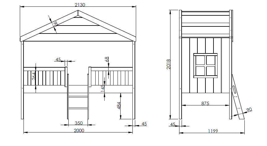 Huisbed met dak en trap (90x200 cm)