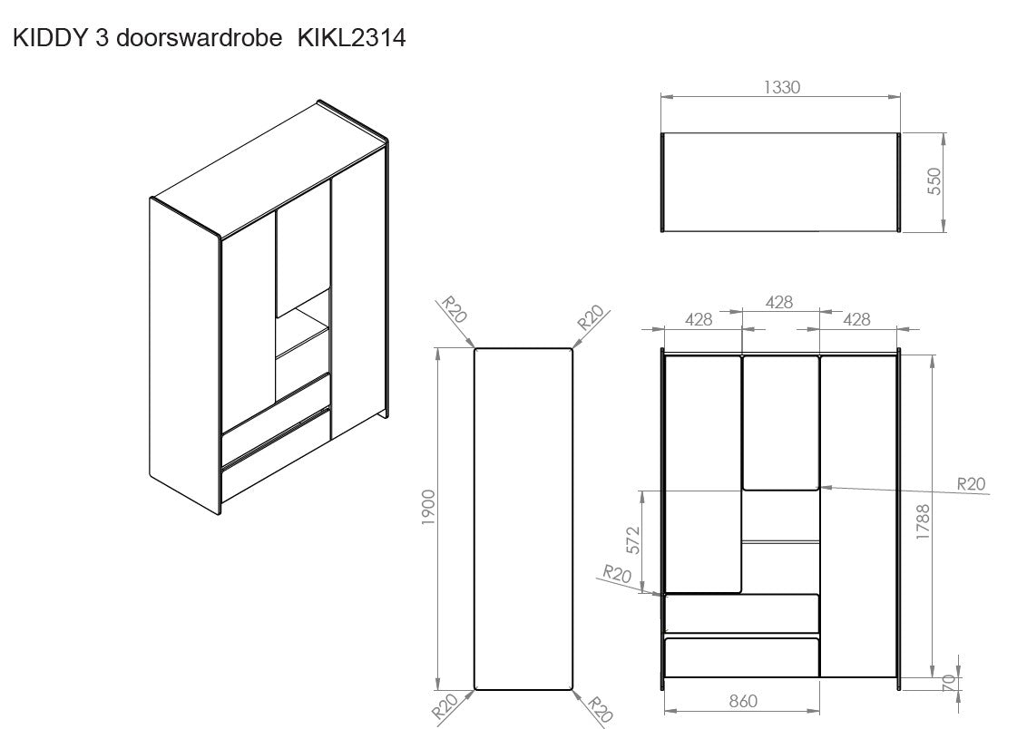 Kiddy 3-deurskast - Wit