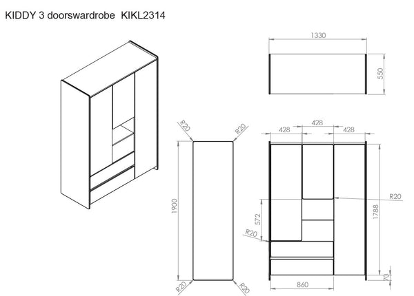Kiddy 3-deurskast - Wit