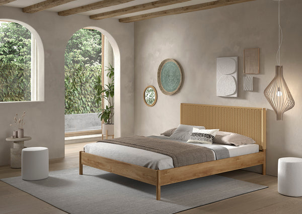 Olive twin bed 160x200 cm - Rattan/Oak