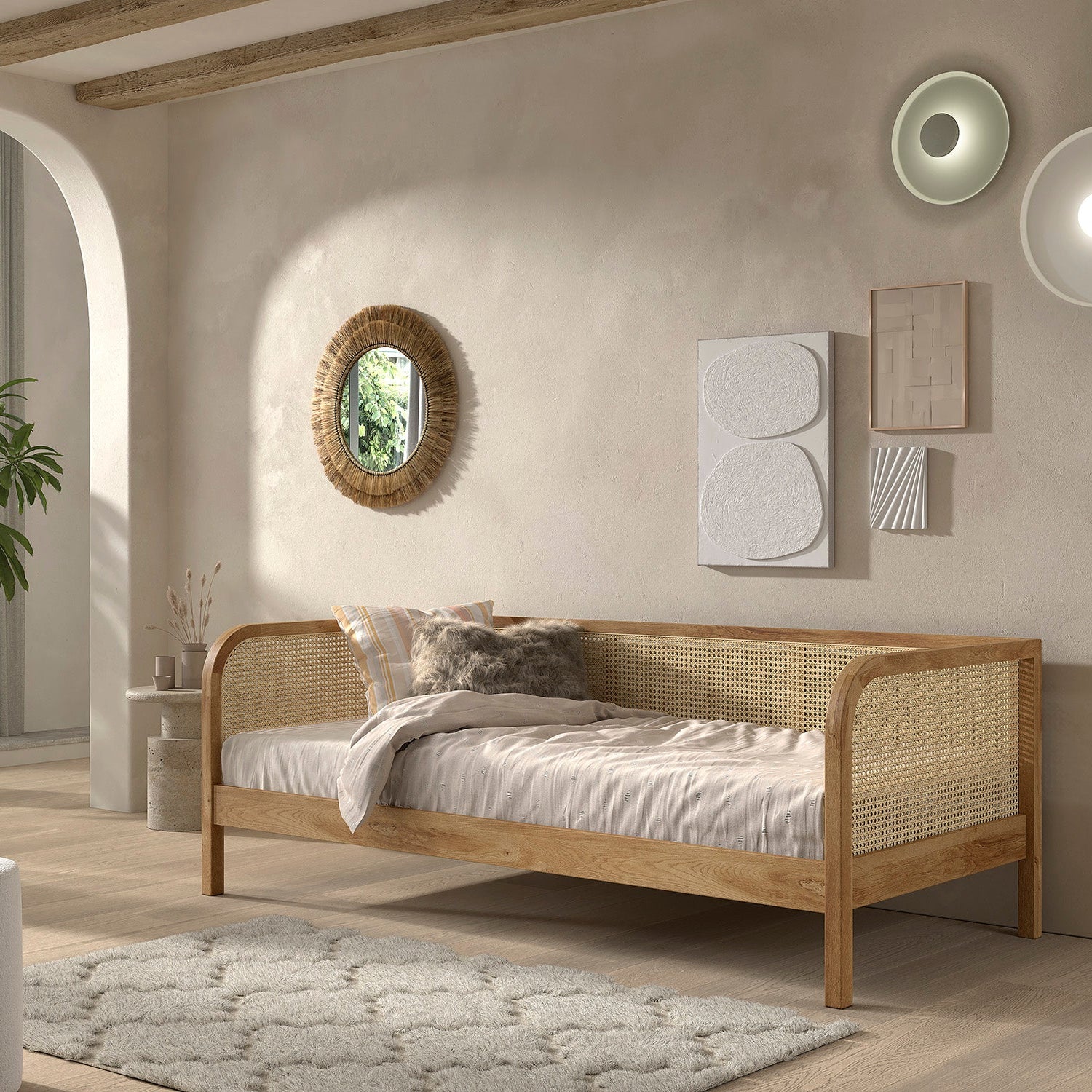 Olive twin bed 160x200 cm - Rattan/Oak