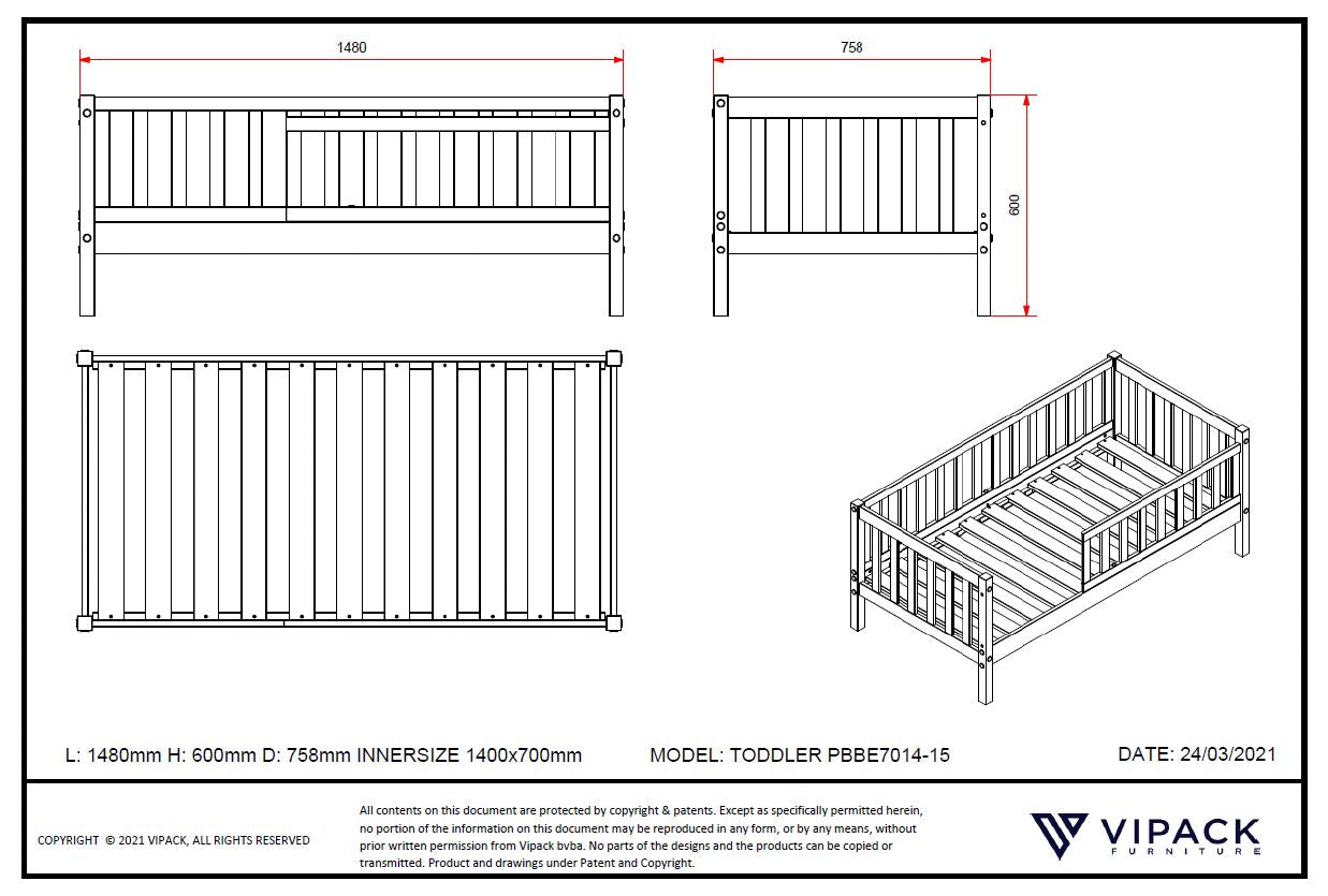 Peuterbed 70x140 met of zonder bijpassende bedlade - grijs