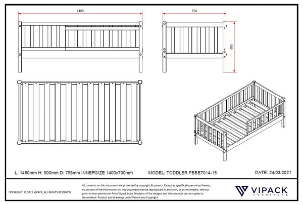 Peuterbed 70x140 met of zonder bijpassende bedlade - grijs