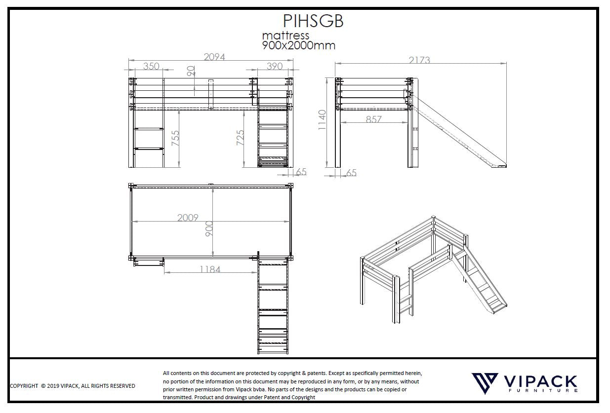 Pino loft bed with slide - white