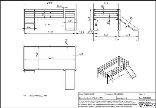 Pino mid-height sleeper with slide 90x200