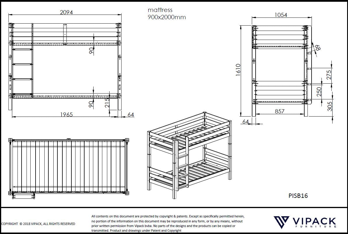 Vipack Pino Stapelbed 90x200 cm - 160 cm hoog