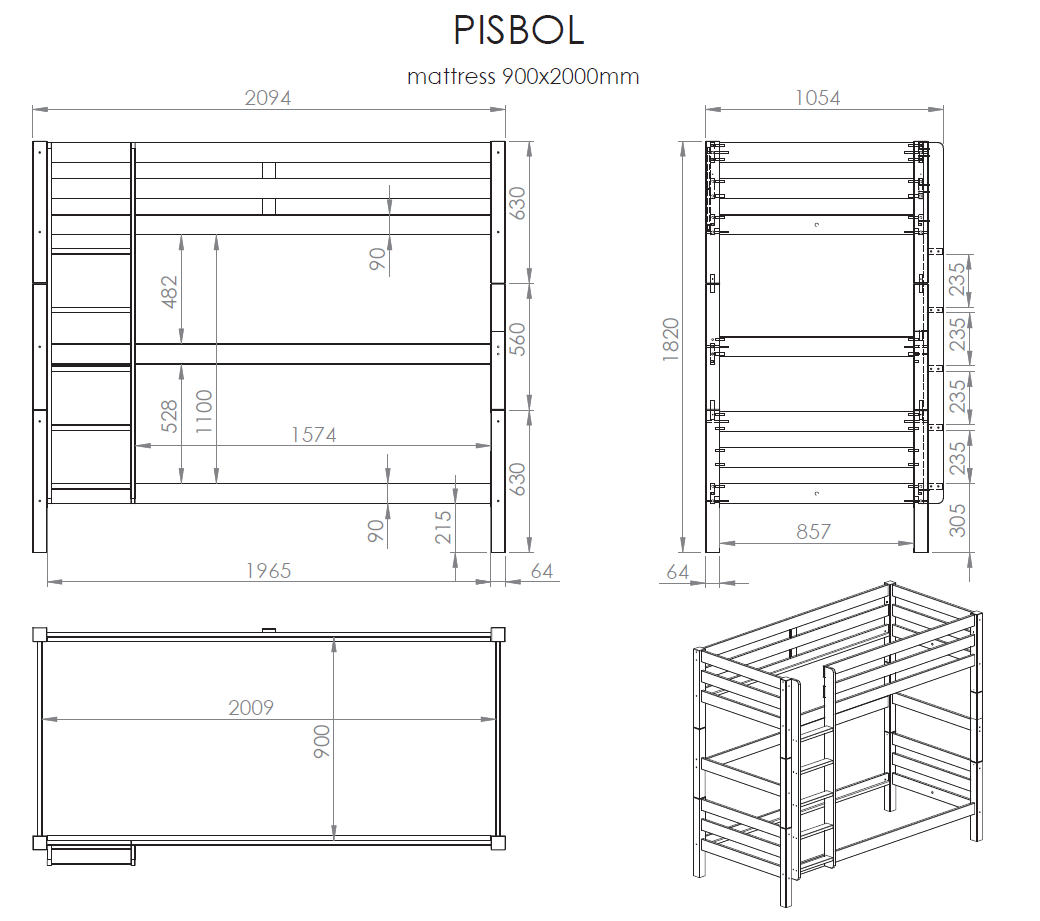 Pino Stapelbed 90x200 cm - 180 cm hoog (antraciet)