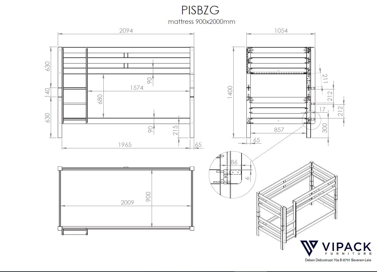 Pino Stapelbed 90x200 cm - 140 cm hoog