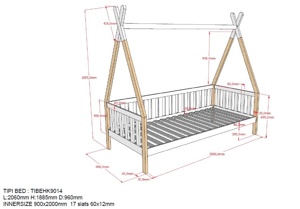 Tipi bed met hek met of zonder bijpassende lade 90x200