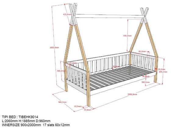 Tipi bed met hek met of zonder bijpassende lade 90x200