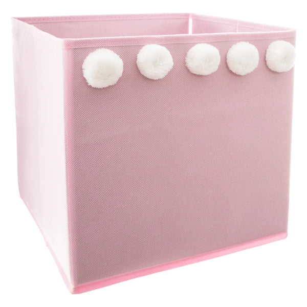 Pink storage box with pompoms