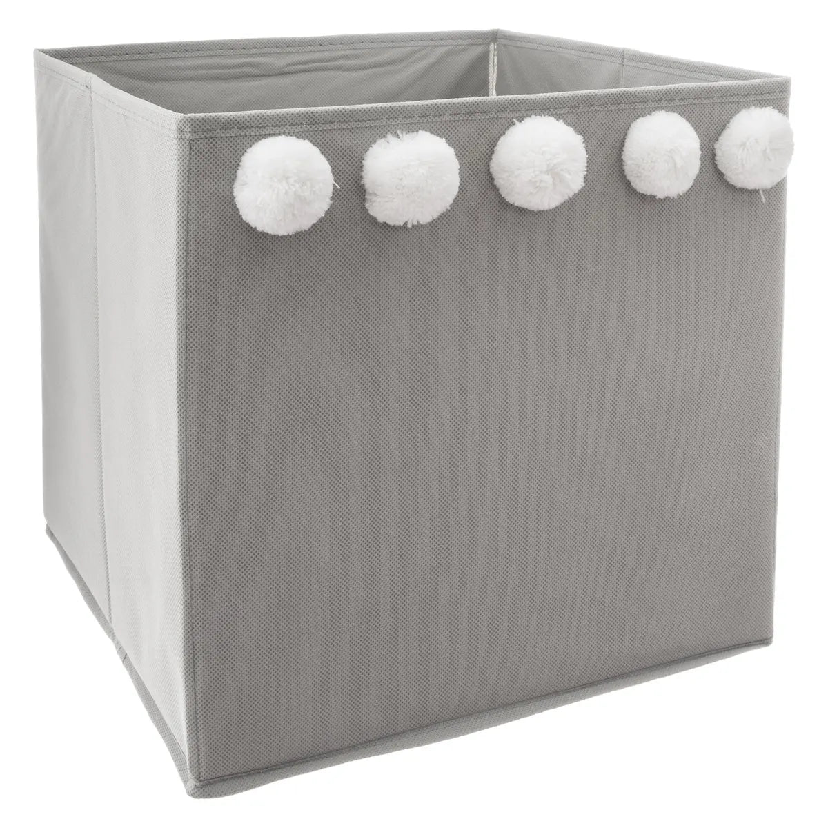 Grey storage box with pompoms